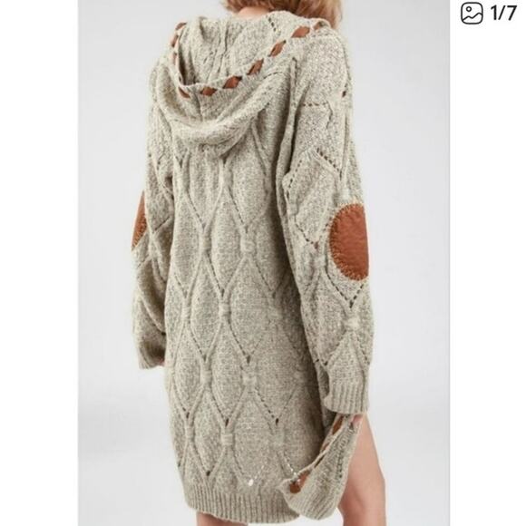 Pol long elbow patch oversized open knit cardigan sweater stitched woven - Picture 1 of 10